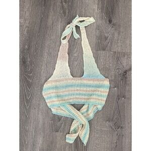 Missguided Striped Crochet Beach Top Pastel Pink Mint Boho Hippie Festival Rave